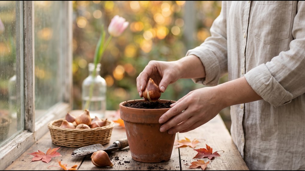 窓辺のテーブルで、チューリップの球根をテラコッタの鉢に植える手元